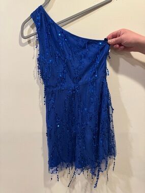 One-Shoulder Royal Blue Beaded Party Romper Size Small